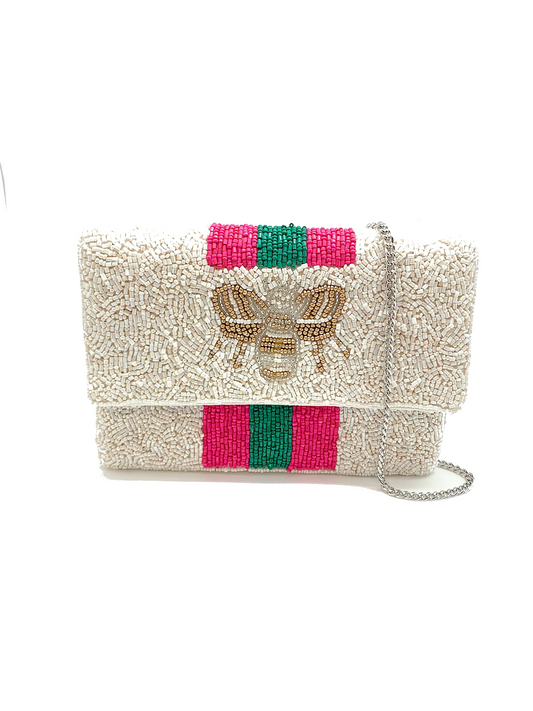 Ivory Beaded Clutch with Bee and Stripe Detail