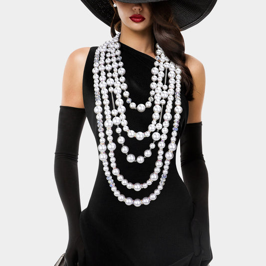 Multi-Layered Long Pearl Statement Necklace Set
