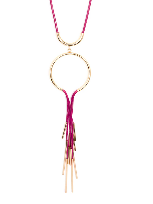Hot Pink Y-Necklace with Gold Bar Fringe